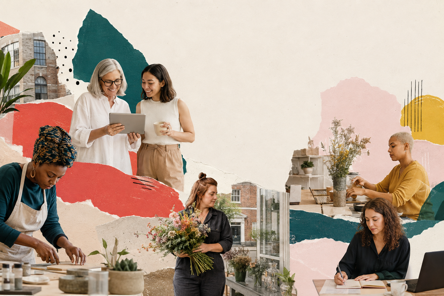 A mixed-media editorial collage of women working across creative and professional small businesses