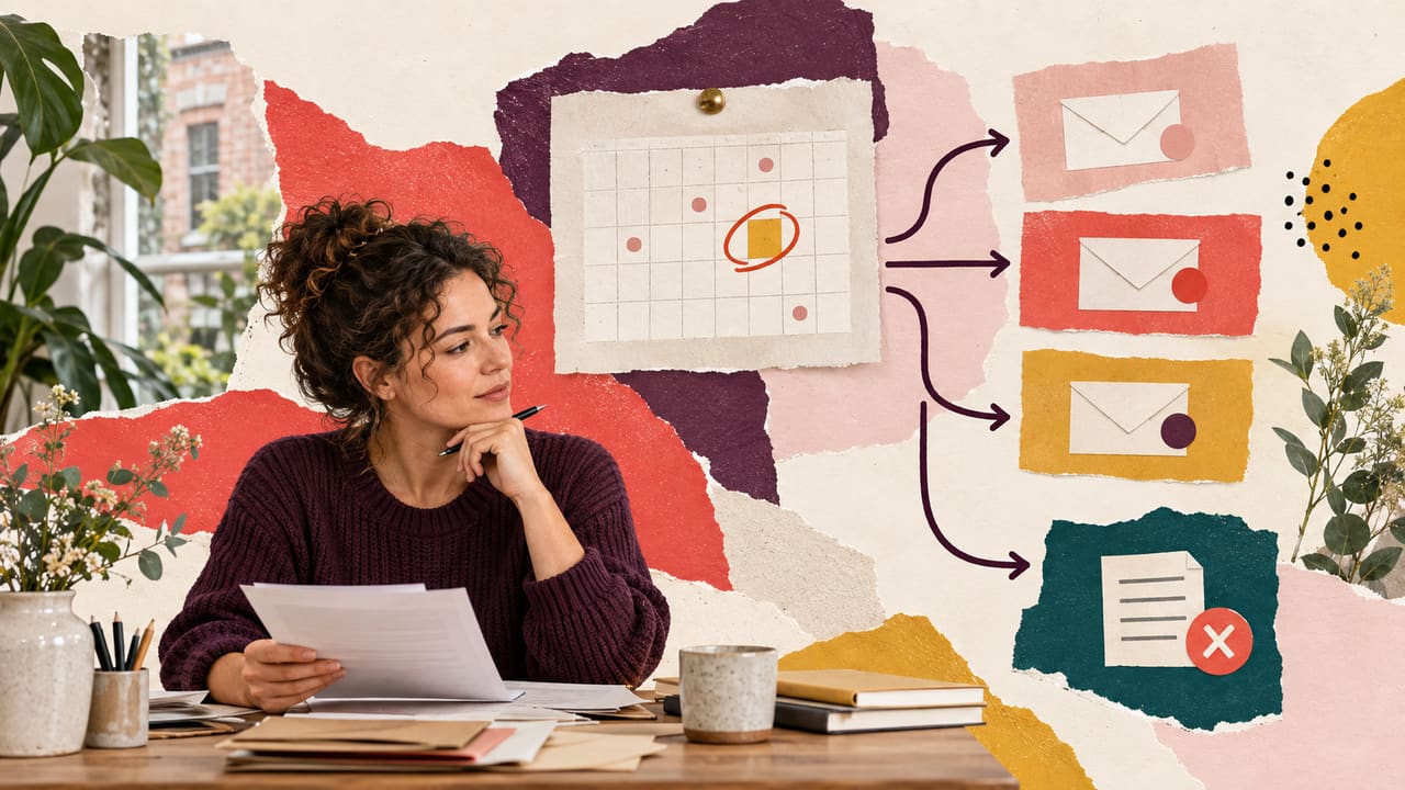 A freelancer reviews an invoice calendar and a branching reminder sequence.