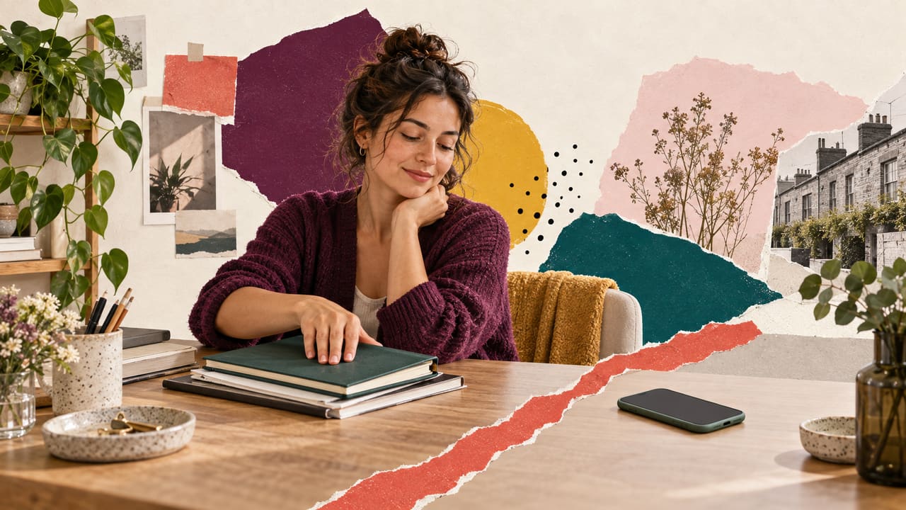 A freelancer closes her work planner beside a quiet phone and a clear paper boundary.