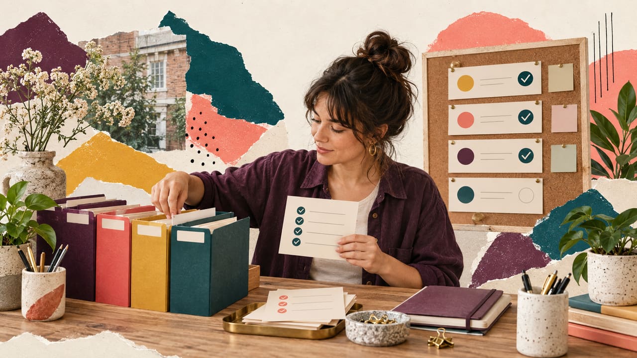A freelancer organises project folders and onboarding status cards.