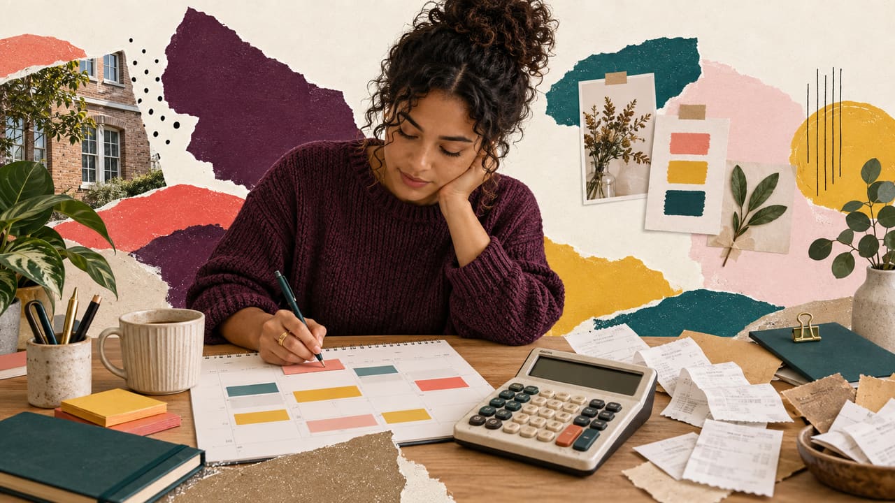 A freelancer reviews a calendar, calculator, time blocks and expense receipts.