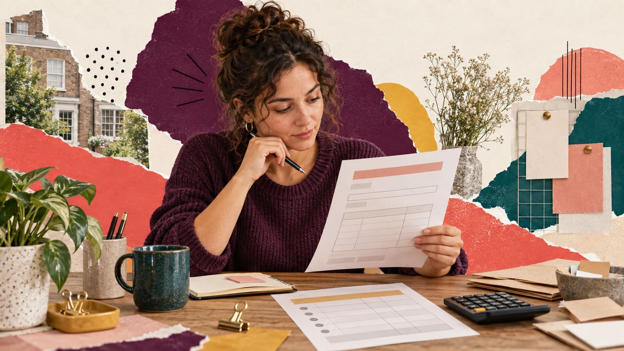 A freelancer checks an invoice sheet, time record and payment reference.