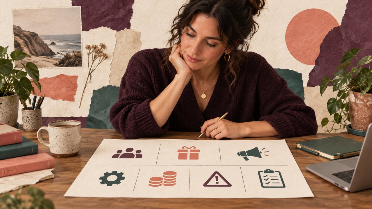 A founder reviews the customer, offer, money and action sections of a one-page business plan.