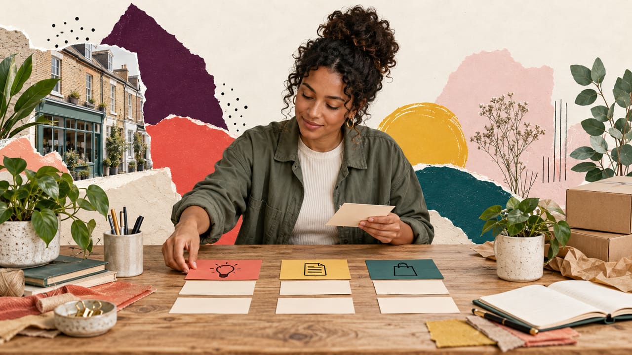 A founder arranges idea, registration and first-sale planning cards on a worktable.