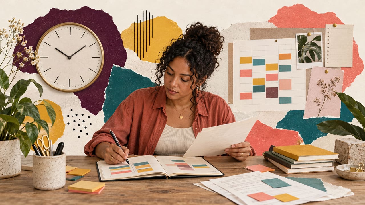 A freelancer reconciles a weekly work log, time blocks and a clock.